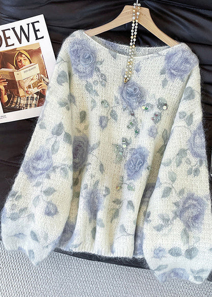 Cozy White Oversized Print Knit Sweaters Fall