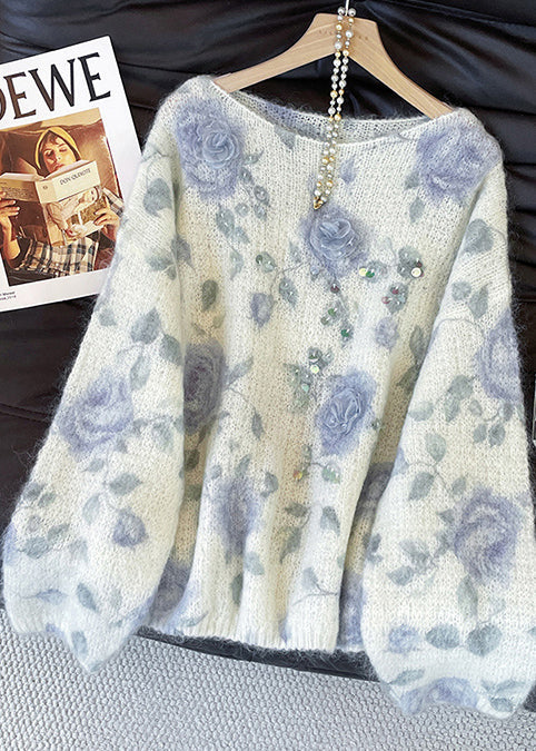 Cozy White Oversized Print Knit Sweaters Fall