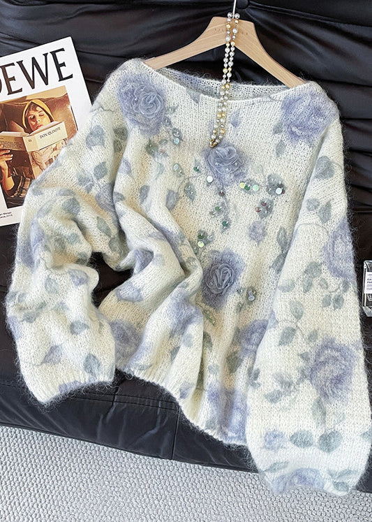 Cozy White Oversized Print Knit Sweaters Fall