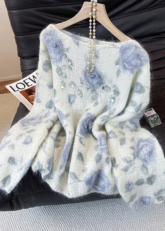 Cozy White Oversized Print Knit Sweaters Fall