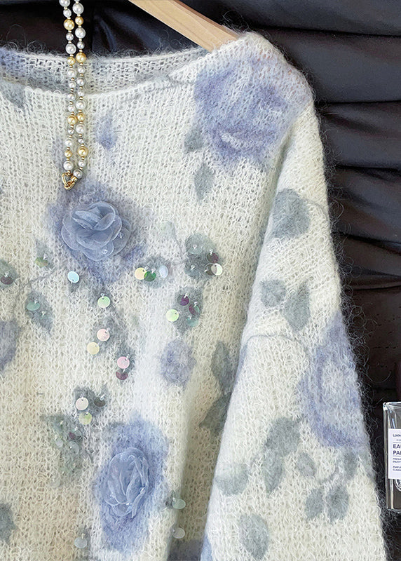 Cozy White Oversized Print Knit Sweaters Fall