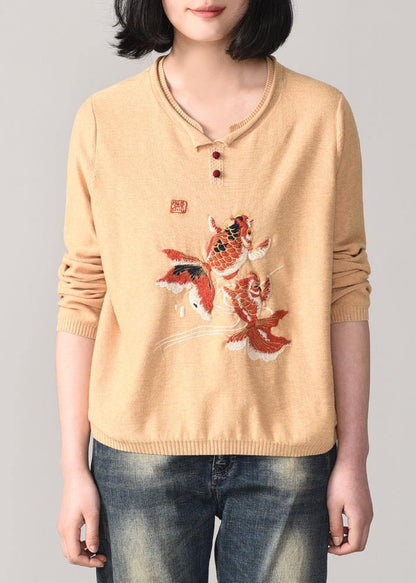 Cozy animal embroidery sweater Loose fitting nude wiled  knit sweat tops o neck - SooLinen