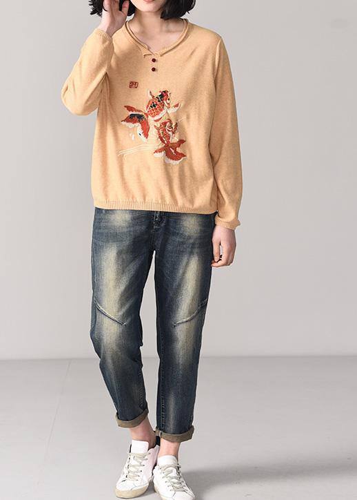 Cozy animal embroidery sweater Loose fitting nude wiled  knit sweat tops o neck - SooLinen