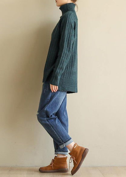 Cozy army green knitted top high neck plus size spring sweaters - SooLinen