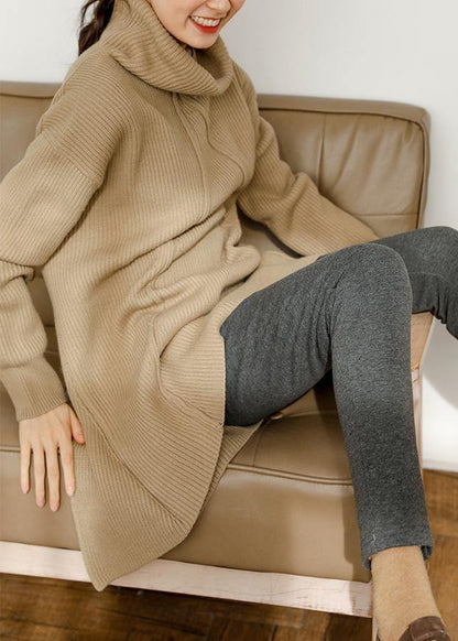 Cozy beige gray top silhouette high neck thick oversize sweaters - SooLinen