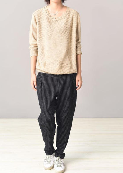 Cozy beige knit tops casual long sleeve  sweater patchwork - SooLinen