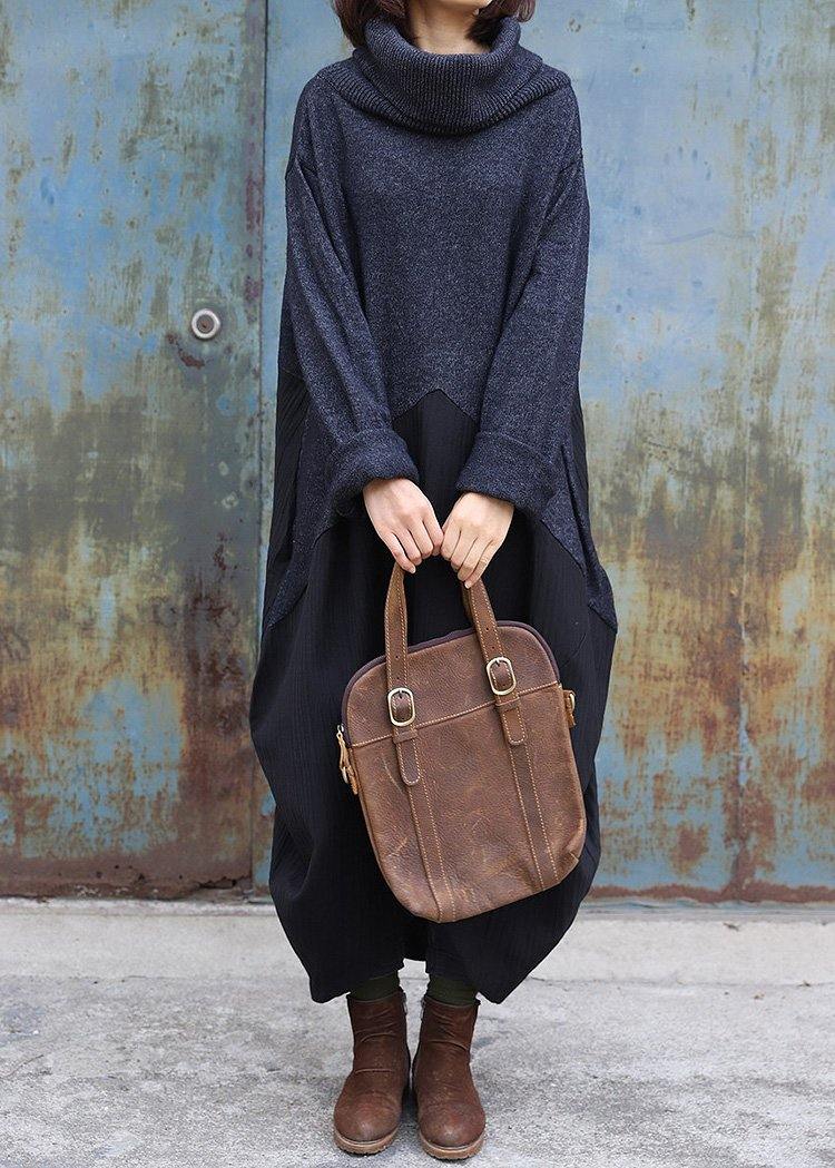 Cozy black gray Sweater dress outfit Upcycle patchwork Tejidos high neck knitwear - SooLinen