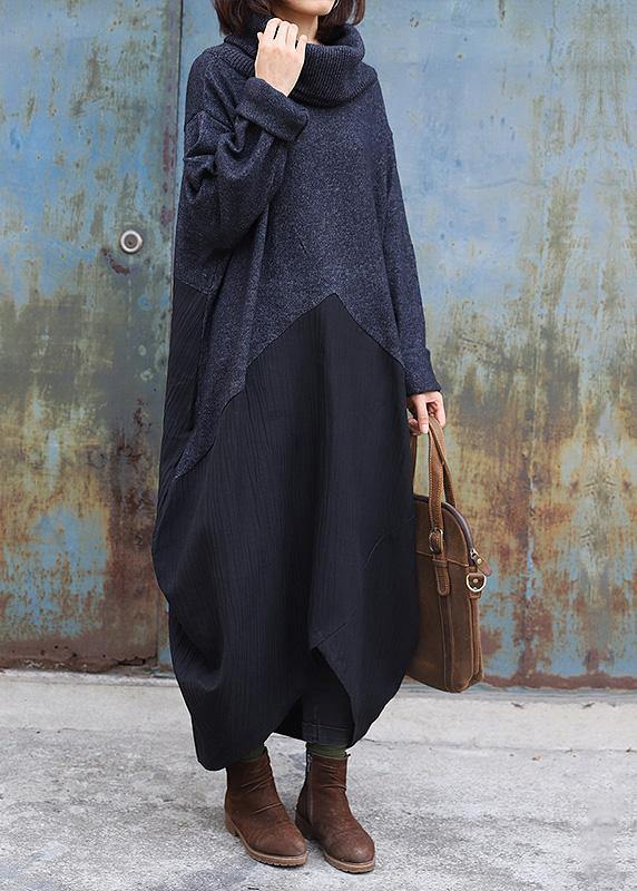 Cozy black gray Sweater dress outfit Upcycle patchwork Tejidos high neck knitwear - SooLinen