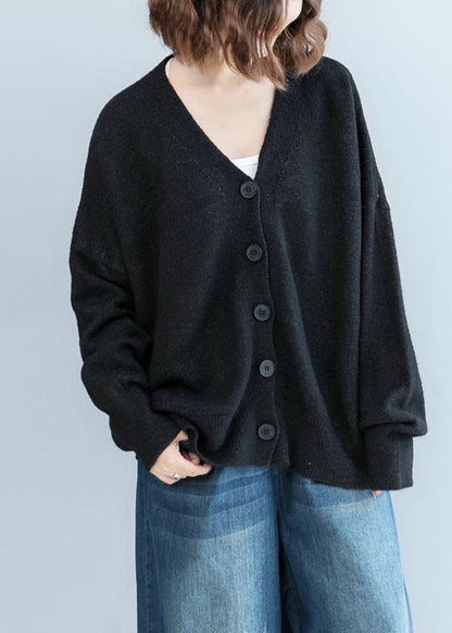 Cozy black sweater tops plus size clothing fall knitwear v neck - SooLinen