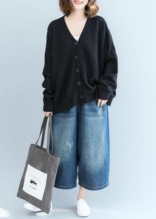 Cozy black sweater tops plus size clothing fall knitwear v neck - SooLinen