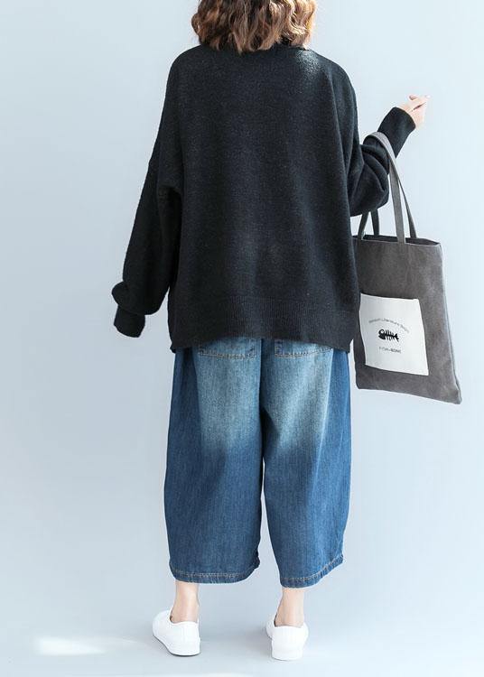 Cozy black sweater tops plus size clothing fall knitwear v neck - SooLinen