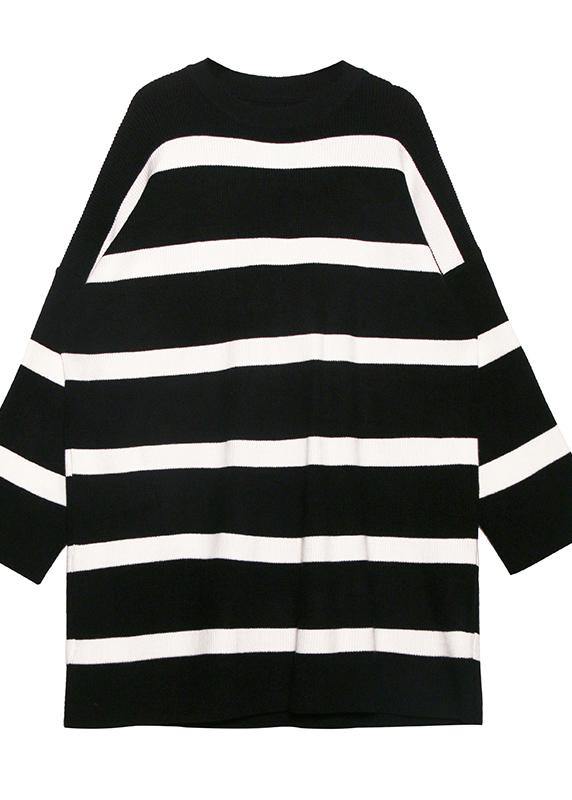 Cozy black white striped knitwear o neck baggy sweater tops - SooLinen