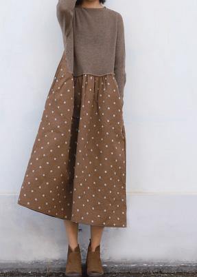 Cozy brown Sweater Wardrobes Quotes o neck tunic patchwork knitwear - SooLinen