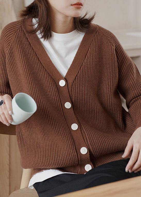 Cozy chocolate casual winter knit sweat tops v neck - SooLinen