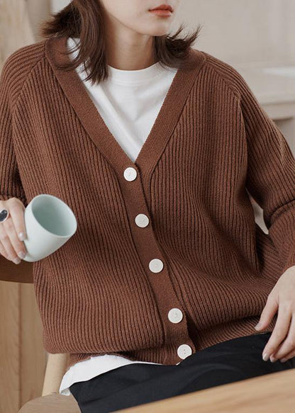 Cozy chocolate casual winter knit sweat tops v neck - SooLinen