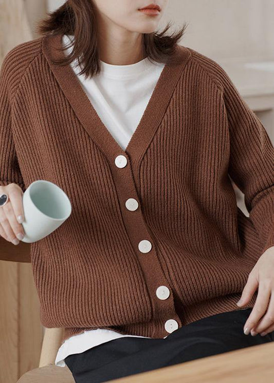 Cozy chocolate casual winter knit sweat tops v neck - SooLinen