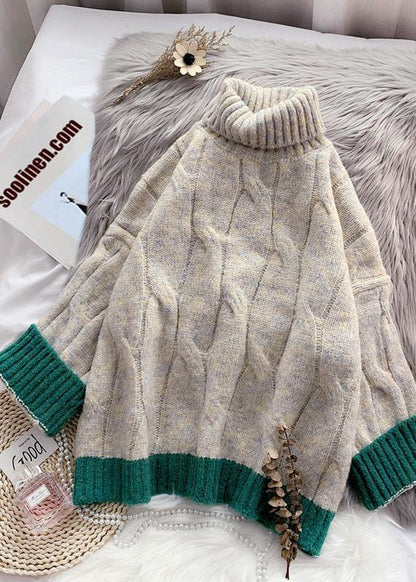 Cozy fall beige knit tops plus size high neck patchwork Blouse - SooLinen