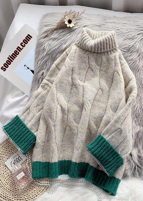 Cozy fall beige knit tops plus size high neck patchwork Blouse - SooLinen