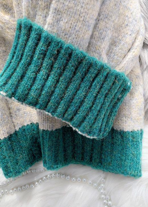 Cozy fall beige knit tops plus size high neck patchwork Blouse - SooLinen