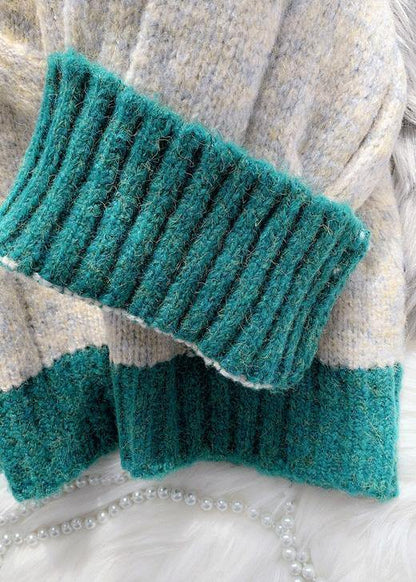 Cozy fall beige knit tops plus size high neck patchwork Blouse - SooLinen