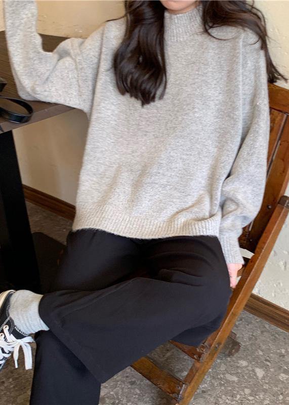 Cozy fall gray knit tops fall fashion high neck knit blouse - SooLinen