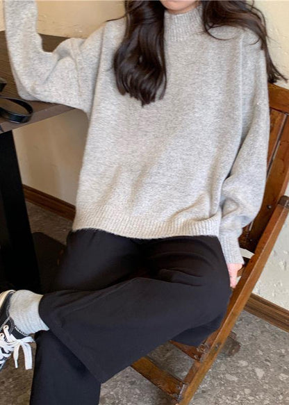 Cozy fall gray knit tops fall fashion high neck knit blouse - SooLinen