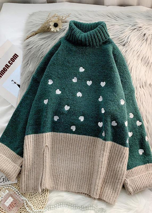 Cozy green Heart print knitted t shirt high neck patchwork oversize knitwear - SooLinen