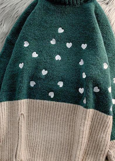 Cozy green Heart print knitted t shirt high neck patchwork oversize knitwear - SooLinen