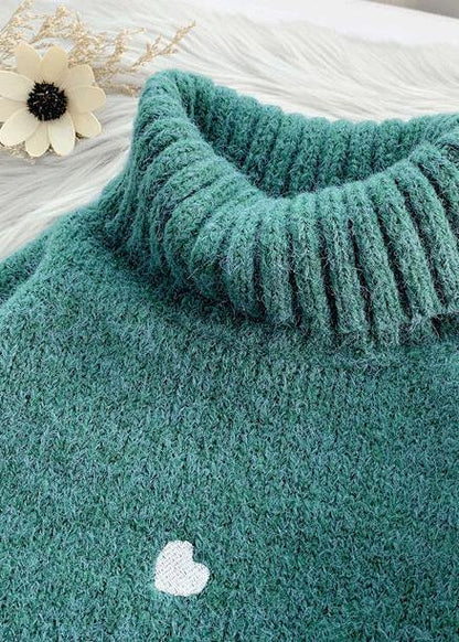 Cozy green Heart print knitted t shirt high neck patchwork oversize knitwear - SooLinen