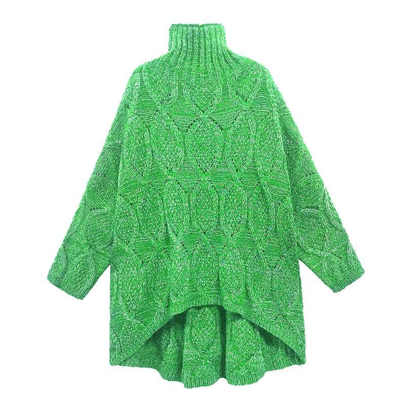 Cozy green knitwear plus size high neck low high design knit top silhouette - SooLinen