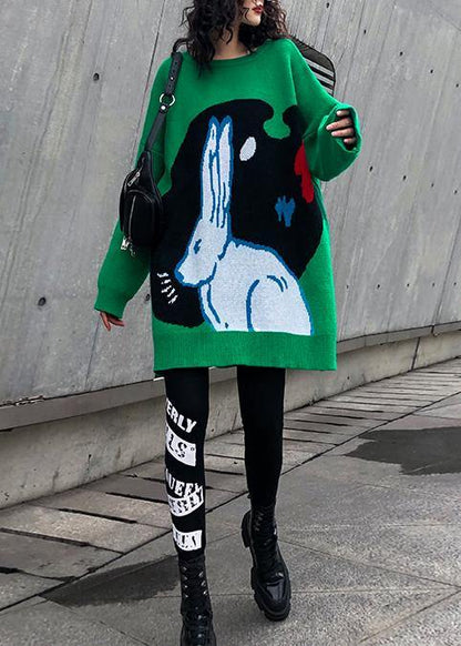 Cozy green print clothes For Women plus size clothing o neck knitwear - SooLinen