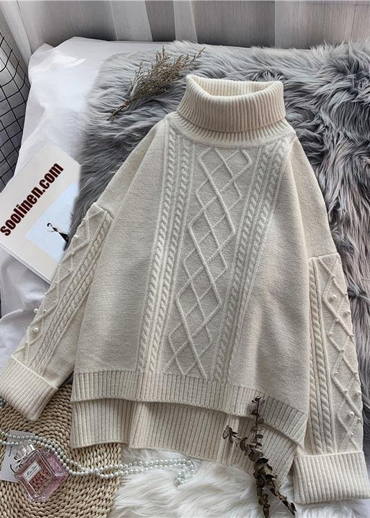 Cozy high neck beige knitwear  spring fashion low high design knit tops - SooLinen