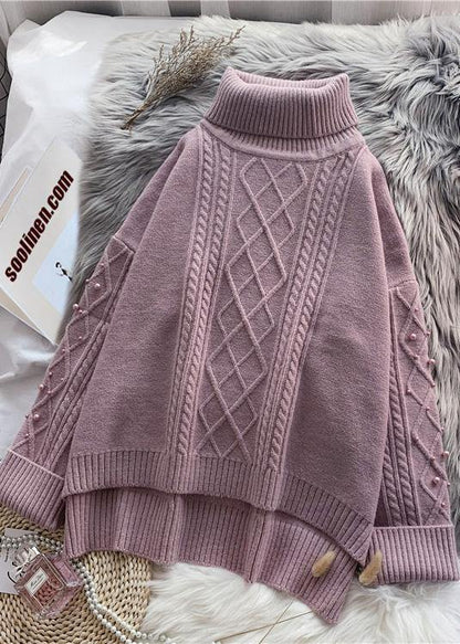 Cozy high neck beige knitwear  spring fashion low high design knit tops - SooLinen