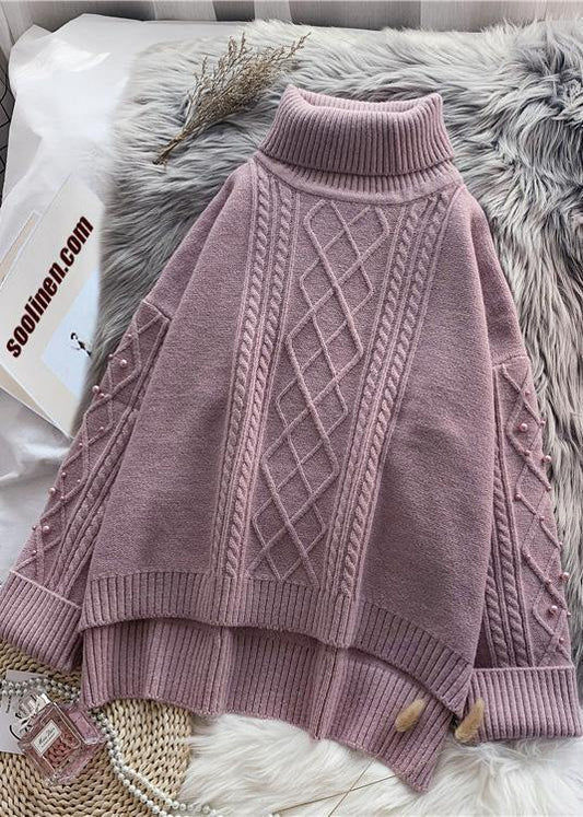 Cozy high neck beige knitwear  spring fashion low high design knit tops - SooLinen