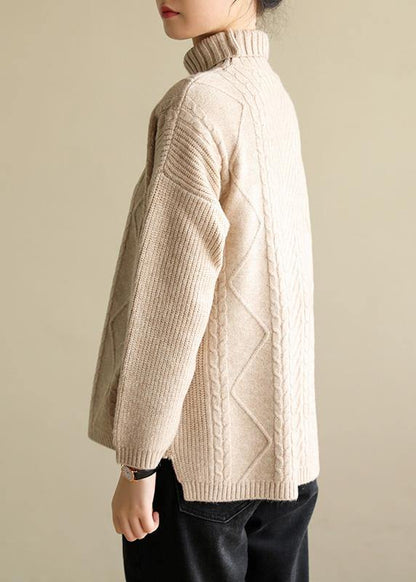 Cozy high neck nude knitwear plus size cable knitted clothes - SooLinen