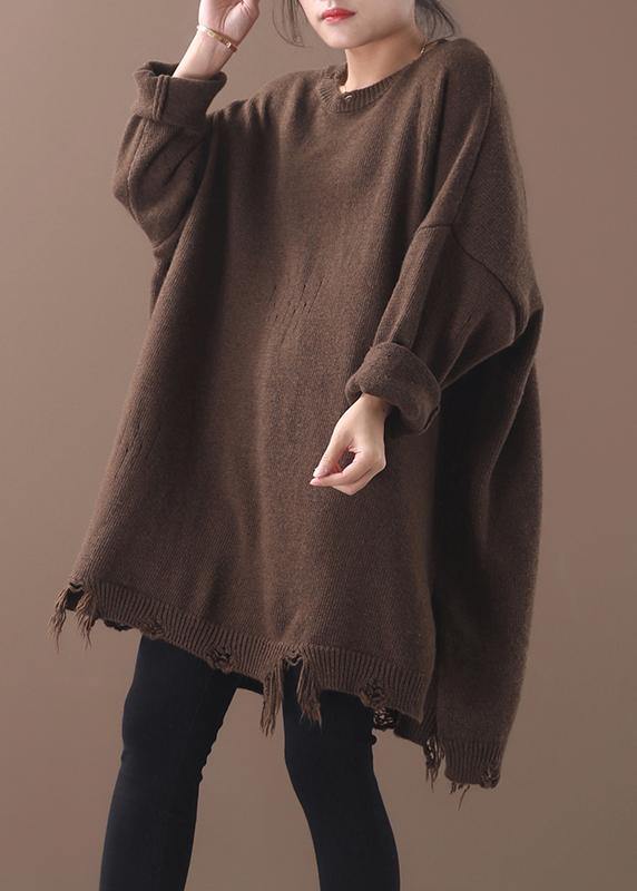 Cozy khaki box top Loose fitting Batwing Sleeve sweaters hem Hole - SooLinen