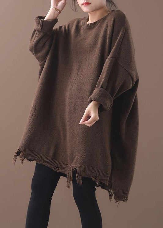 Cozy khaki box top Loose fitting Batwing Sleeve sweaters hem Hole - SooLinen