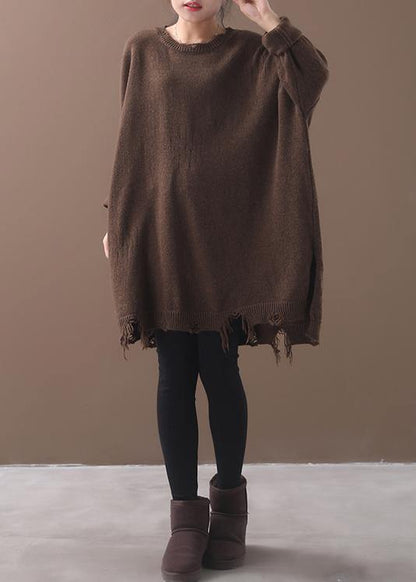 Cozy khaki box top Loose fitting Batwing Sleeve sweaters hem Hole - SooLinen