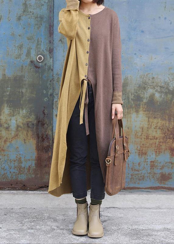 Cozy khaki patchwork yellow fall fashion o neck asymmetric hem knit outwear - SooLinen