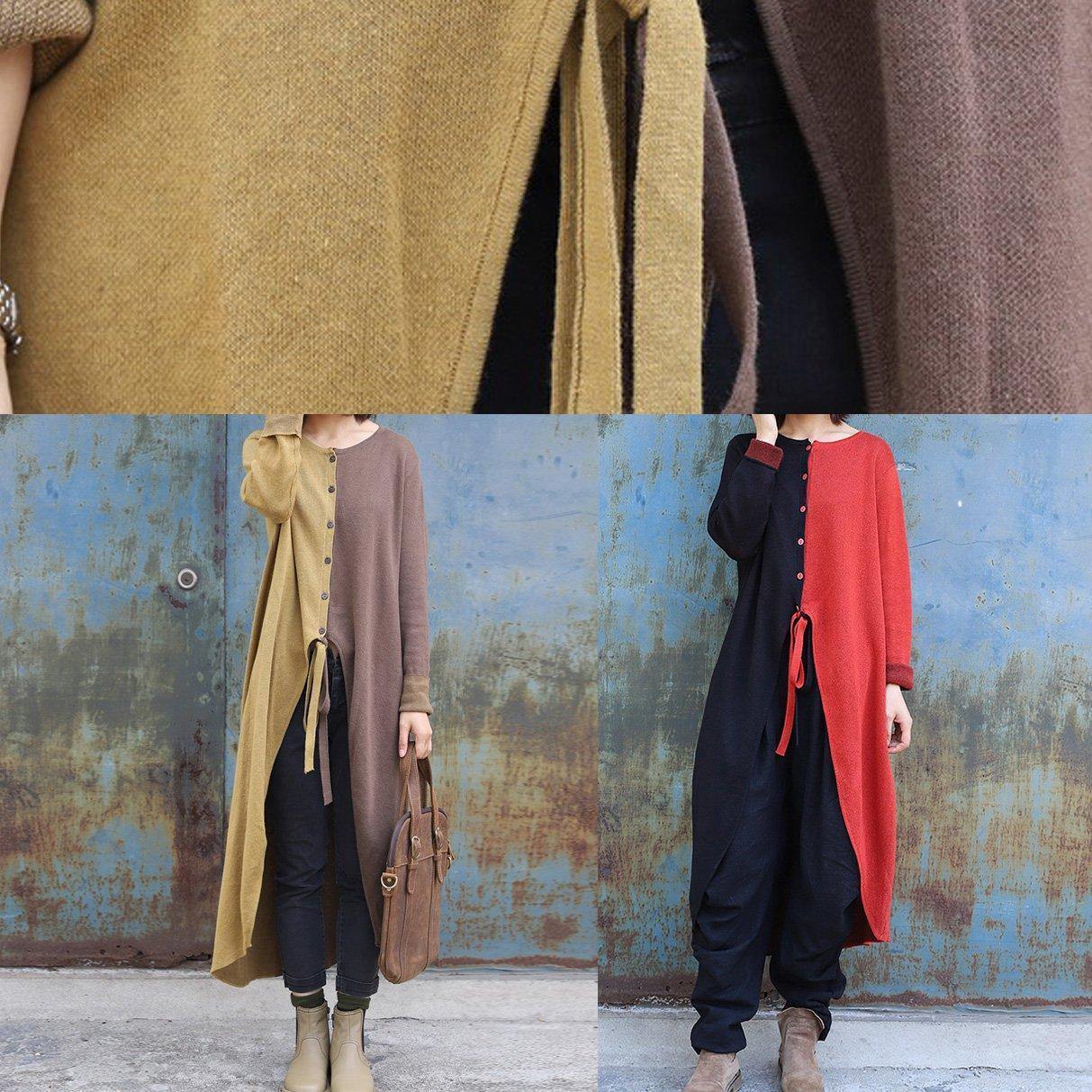 Cozy khaki patchwork yellow fall fashion o neck asymmetric hem knit outwear - SooLinen