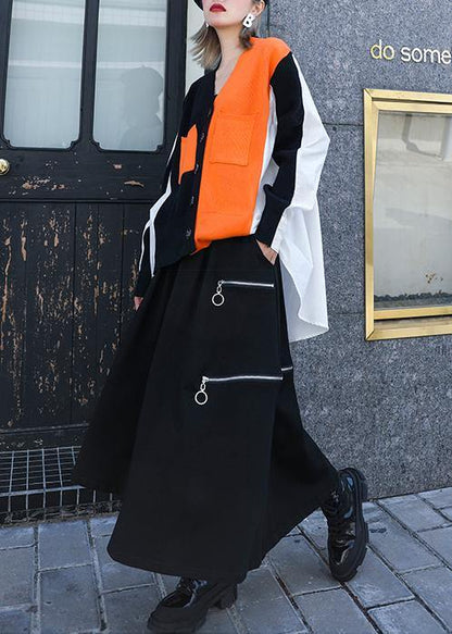 Cozy knitwear plus size black v neck patchwork knitted jackets - SooLinen