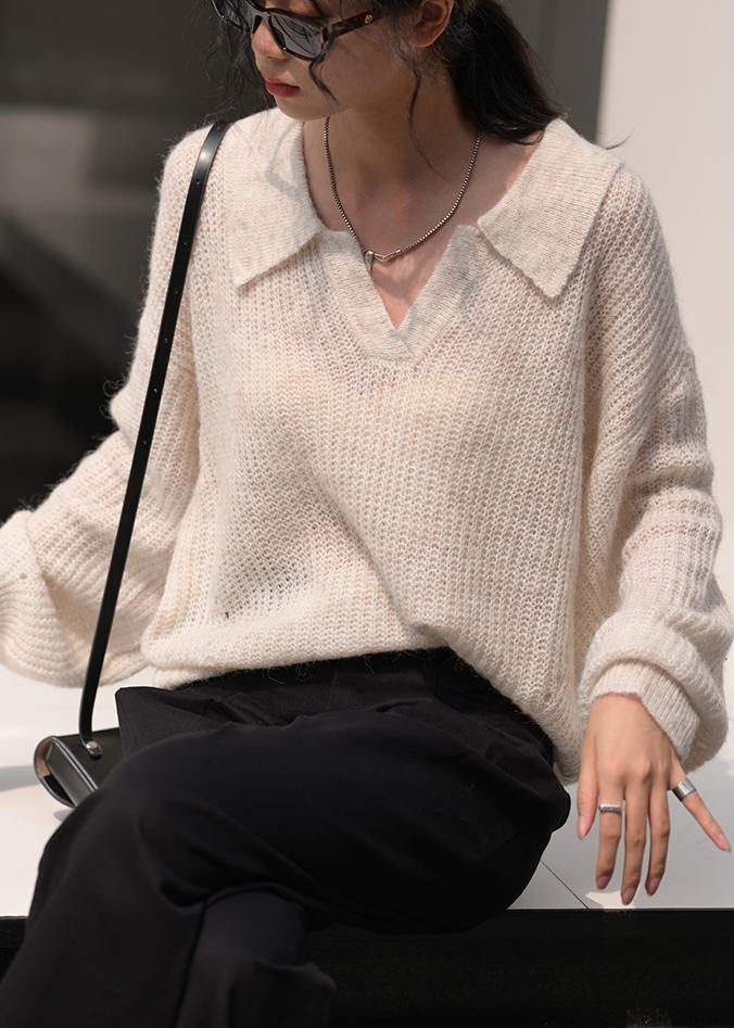 Cozy nude knit tops v neck long sleeve Loose fitting knitted blouse - SooLinen