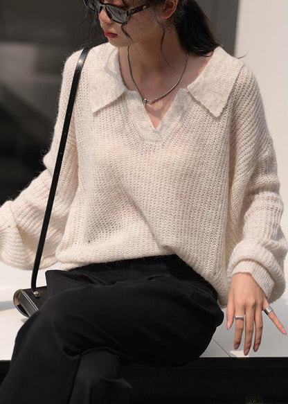 Cozy nude knit tops v neck long sleeve Loose fitting knitted blouse - SooLinen