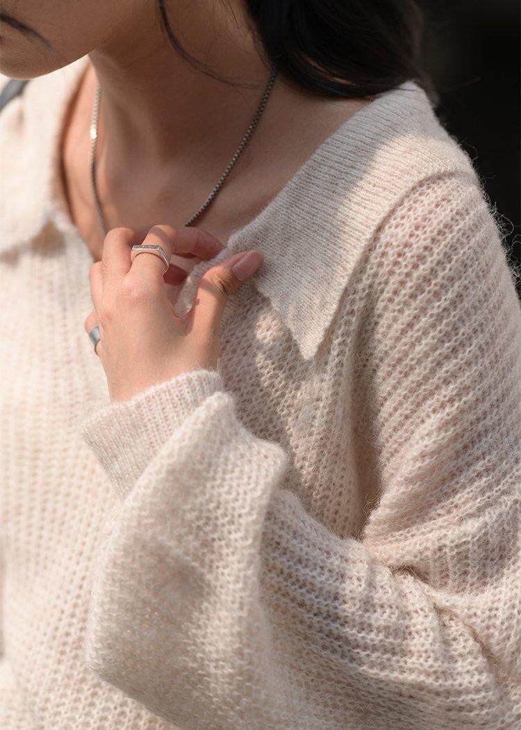 Cozy nude knit tops v neck long sleeve Loose fitting knitted blouse - SooLinen