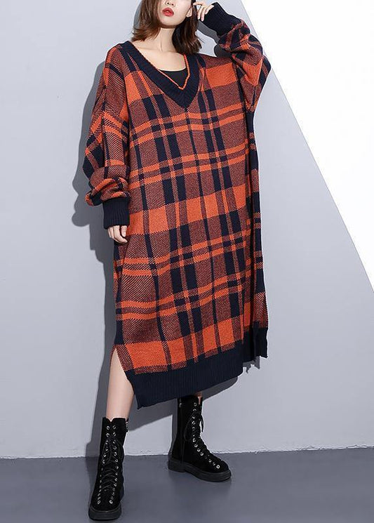 Cozy orange plaid Sweater weather Design v neck side open Art knit dresses - SooLinen