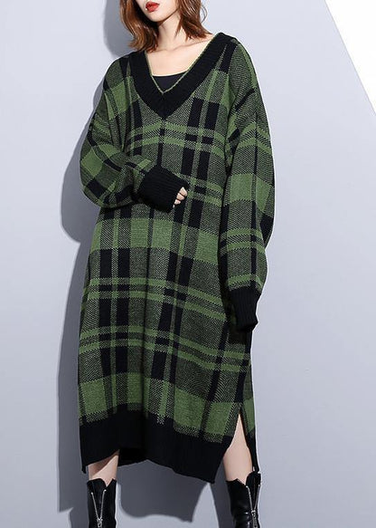 Cozy orange plaid Sweater weather Design v neck side open Art knit dresses - SooLinen