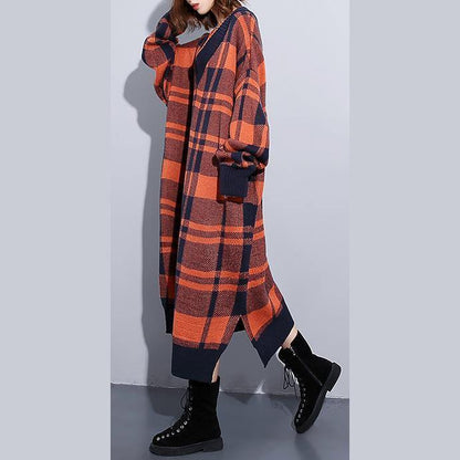 Cozy orange plaid Sweater weather Design v neck side open Art knit dresses - SooLinen