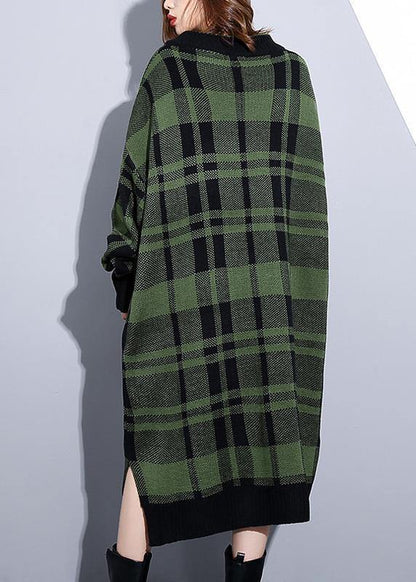 Cozy orange plaid Sweater weather Design v neck side open Art knit dresses - SooLinen