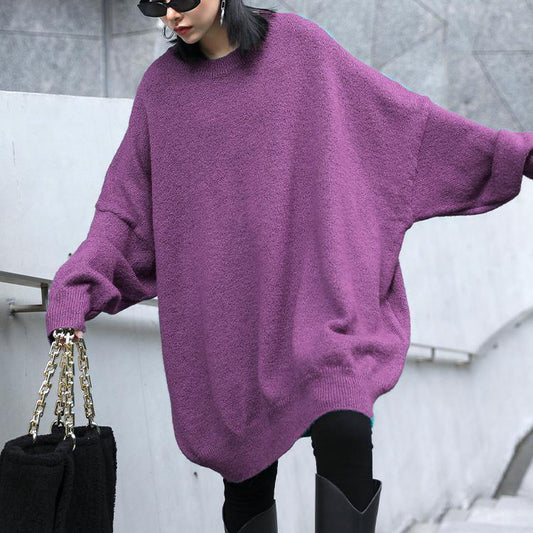 Cozy purple sweaters oversized o neck Batwing Sleeve crane tops - SooLinen