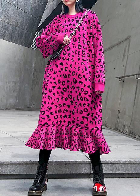 Cozy rose Leopard Sweater weather Vintage stand collar Hole Tejidos sweater dress - SooLinen